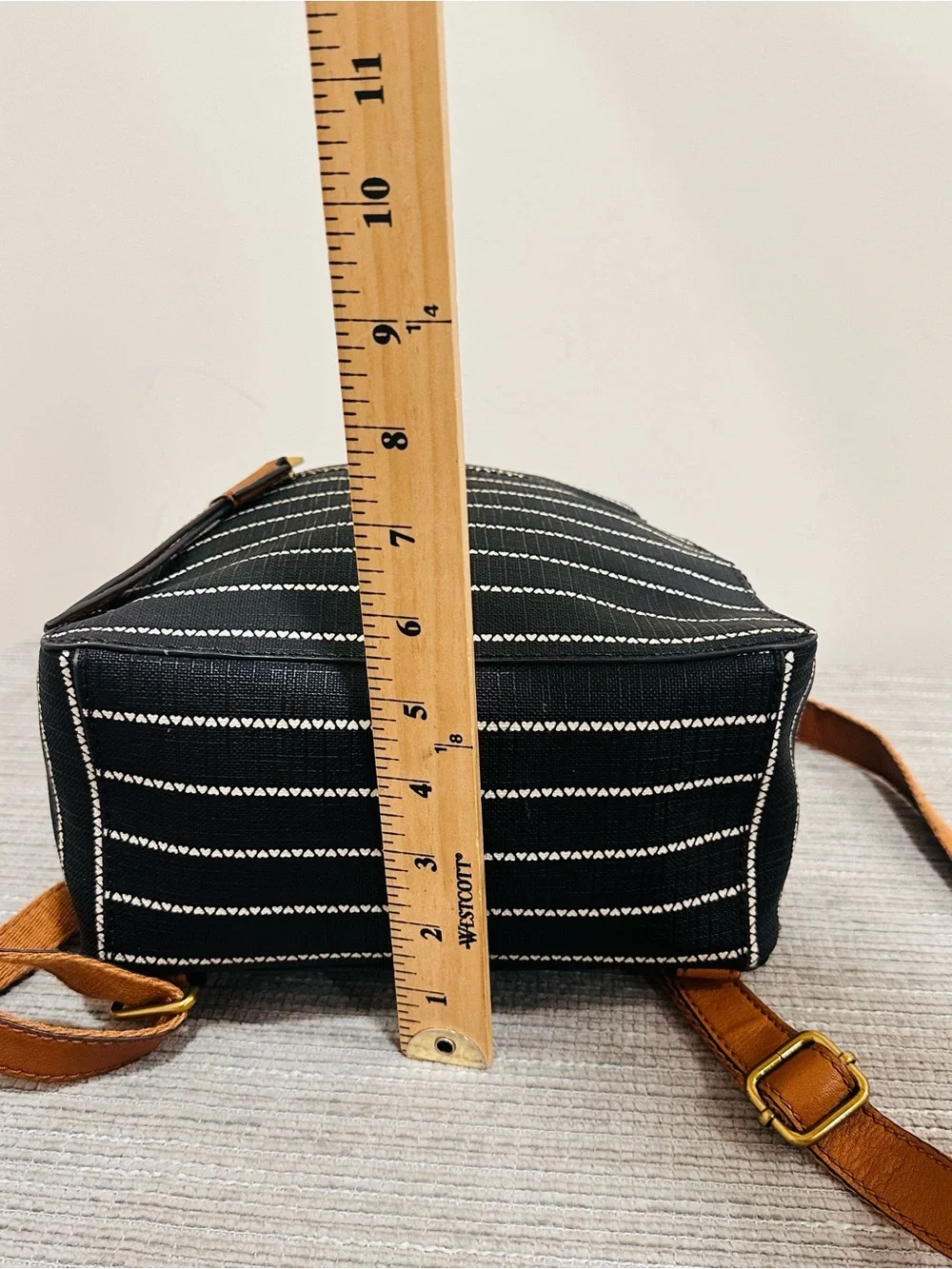 Fossil Megan Mini Backpack Black Striped Canvas Tan Leather Trim